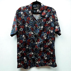 Fresh Prints Skull Floral Button Down Shirt Men’s Large Short Sleeve Blue Red
